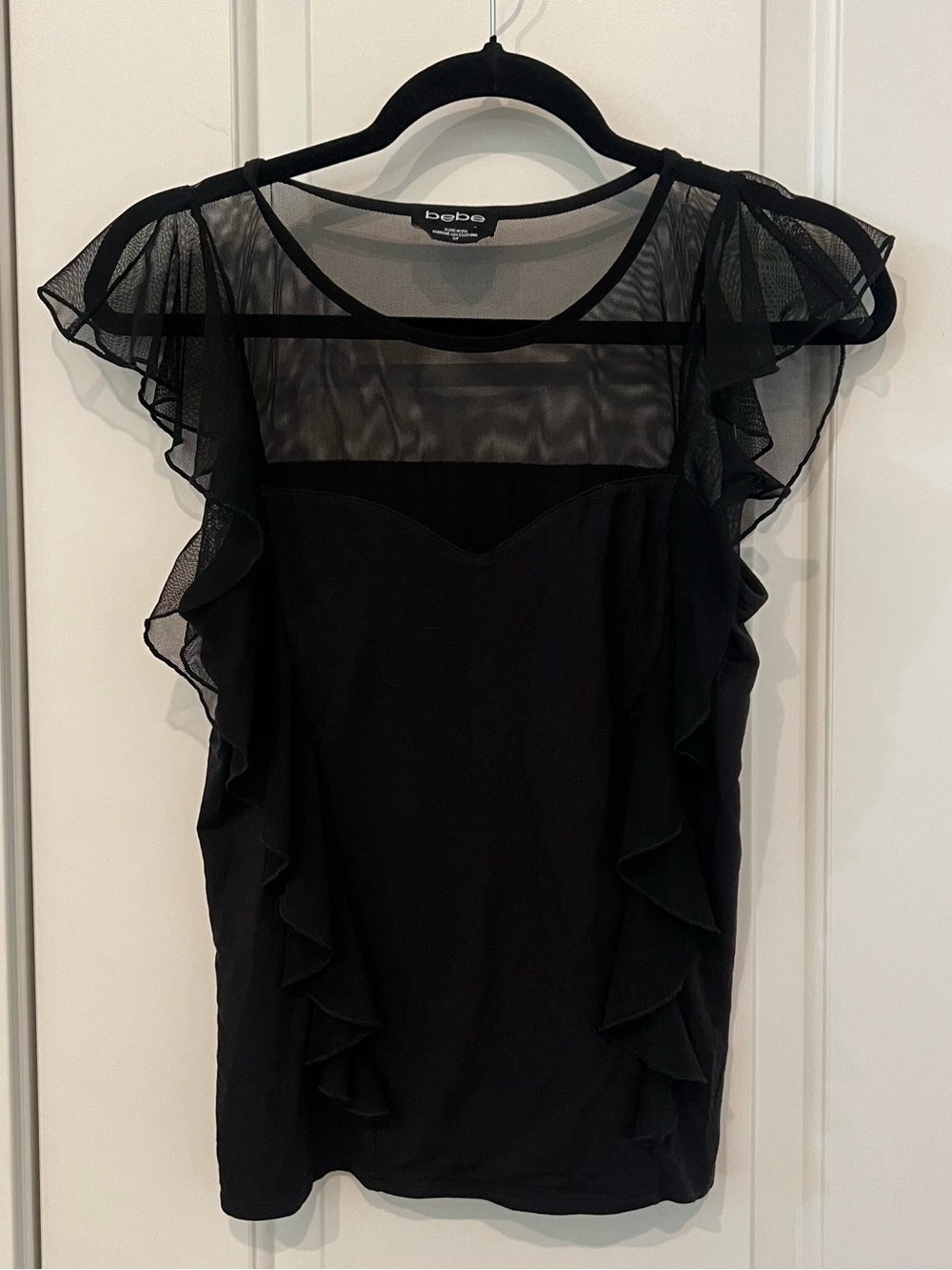 Bebe Y2K black mesh ruffle blouse with sheer sleeves and ruffle trim whimsy goth